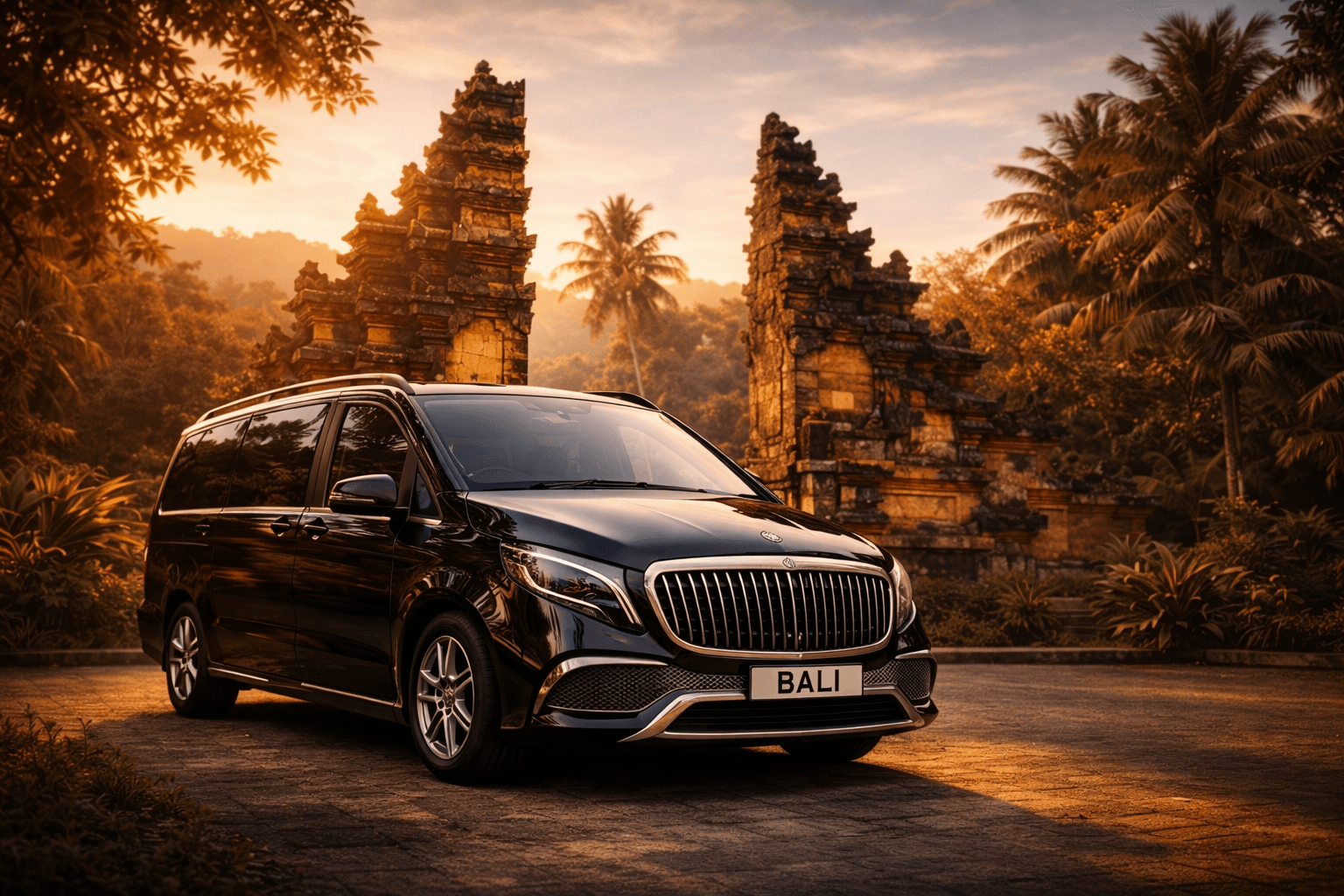 Mercedes-Maybach at a Balinese temple during golden hour